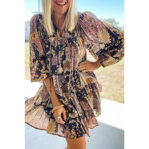 Purple Boho Floral Print Puff Sleeve Flowy Mini Dress